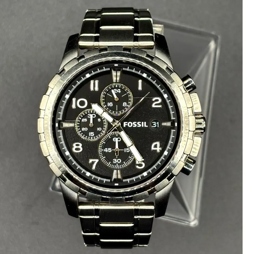 Fossil Dean FS4542 Black Chronograph Silver Tone Stainless Steel Watch 45mm
